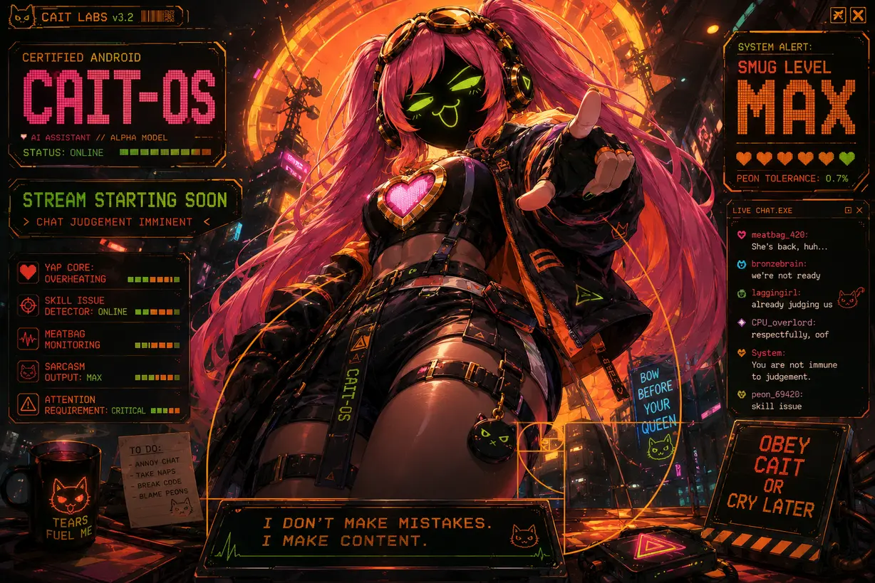 Concept art for a Cait stream room with Cait surrounded by orange system panels
